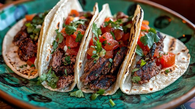 Delicious sizzling tacos with fresh salsa garnish on a colorful plate