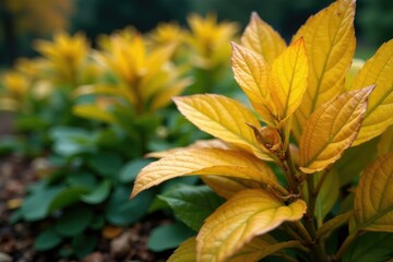 Foliage of hosta leaves turning golden brown and curled on stems in autumn garden, leaf curl, garden