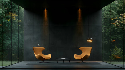 Modern glass room, two armchairs, forest view, relaxing space, interior design