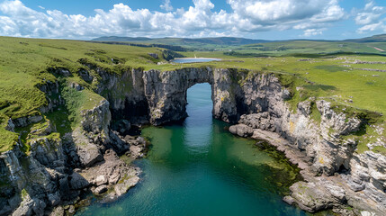 Fototapeta premium Coastal arch rock formation, aerial view, Scotland