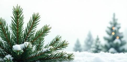 Fresh evergreen tree branches on white background, snow-covered trees, holiday decorations