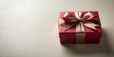 Fototapeta premium A crimson gift box with a beige satin ribbon bow sits on a light surface