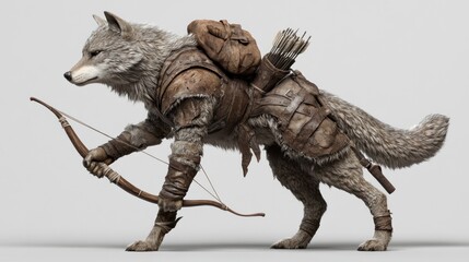 Fototapeta premium Anthropomorphic wolf archer, wearing leather armor and carrying a quiver of arrows and a backpack, poised for action against a neutral background.