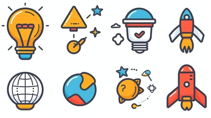 Fototapeta premium Colorful icons representing ideas, innovation, and global startup.
