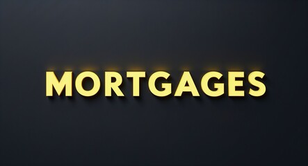 Obraz premium mortgages word lettering with yellow glow on plain black dark background
