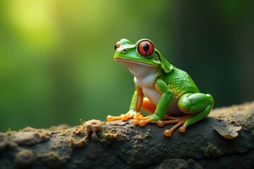 Frosch sitzt auf Styroporresten in der Seitenansicht mit Bl?ttern und Zweigen, bl?tter, ruhig, fr?sche