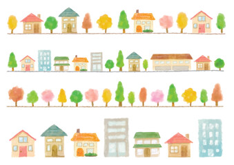 1列に並んだ水彩風の手描きの街並み4点セット