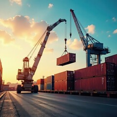 Crane reaches high into the sky to lift heavy containers, load, shipping