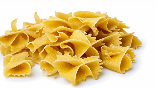 Closeup transformation of farfalle pasta pile into rotelle on white background