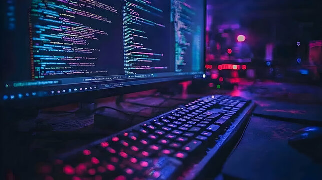 Computer Screen Displays Code in Dark Room with Illuminated Keyboard and Blurred Background