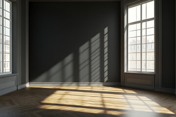 Sunlight Streaming Through Windows in a Minimalist Room with Dark Walls and Wood Flooring