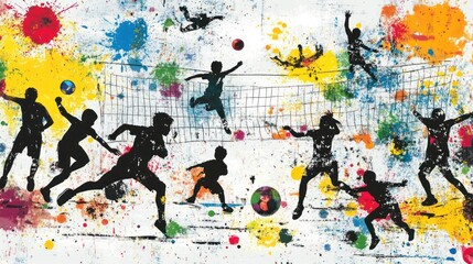 Colorful silhouettes of children playing various sports, including volleyball and soccer, amidst vibrant paint splatters.