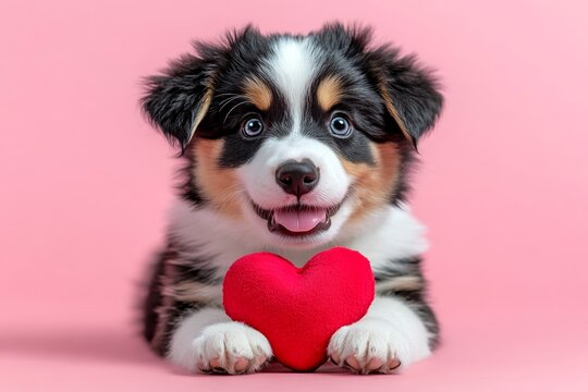 Cute australian shepherd pup with companion toy red heart - sign of love, funny greeting card. Ad visual idea. Australian shepherd - my cherished dog. Romantic dog pictures. February pet love.