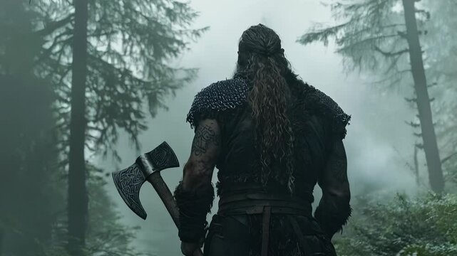 4k video of a viking holding his axe and walking.