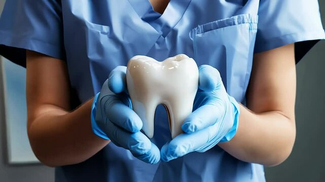 4k video of a dentist holding a white tooth.