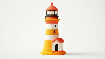 Cute cartoon lighthouse, orange and white stripes, small house, isolated on white background.