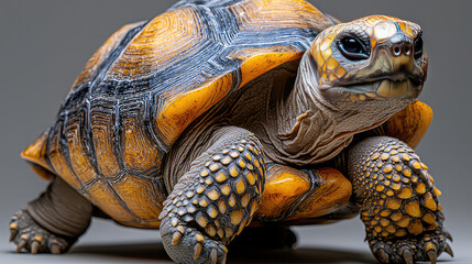 Naklejka premium Close-up of a yellow-footed tortoise, showcasing its textured shell, powerful legs, and intense gaze against a neutral gray background.