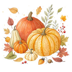 A collection of pumpkins in various shapes and colors, surrounded by autumn leaves and small berries.