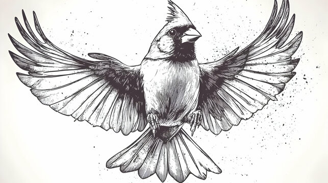 Detailed Bird Illustration: Cardinal in Flight with Spread Wings and Dynamic Pose