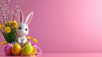 Obraz premium Cute Bunny with Colorful Eggs and Flowers on Pink Background