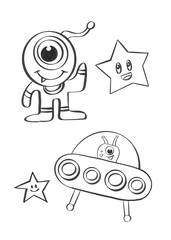 Aliens, extraterrestres divertidos para colorear y recortar, páginas de pasatiempos.