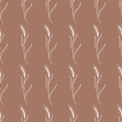 Seamless pattern with detailed realistic illustration of rye plant. Hand drawn background with wheat ears in engraved vintage sketch style. 