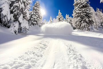Fototapeta premium Deep Powder Skiing Creates a Cloud of Snow on a Sunny Day in a Snowy Forest