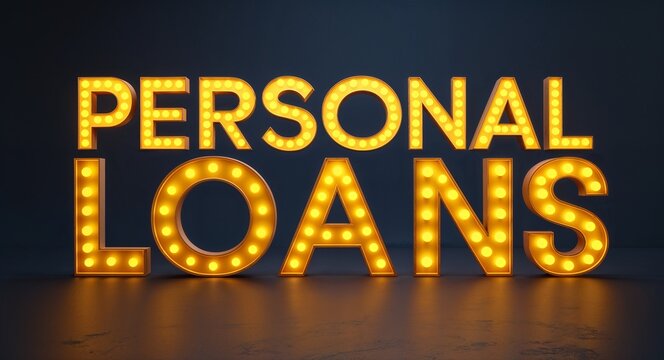personal loans word lettering with yellow glow on plain black dark background