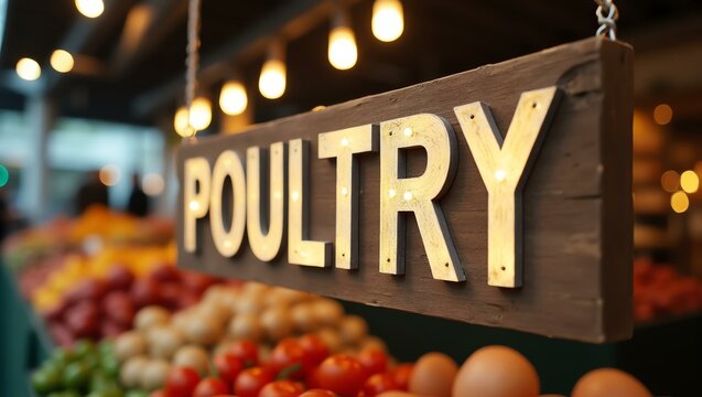aesthetic sign with the word poultry on a market background