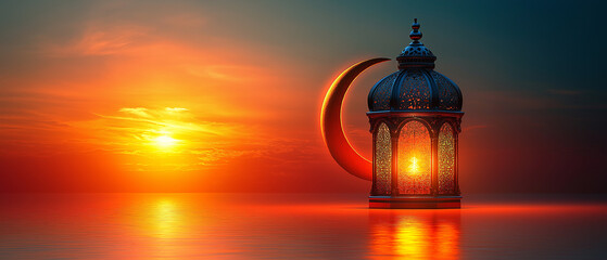 Stunning Ramadan scene with glowing crescent moon and ornate Arabic lantern reflecting on calm water at sunset, symbolizing spirituality, tradition, faith, peace, and celebration.