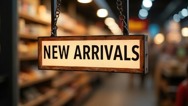 aesthetic sign with the word new arrivals on a market background