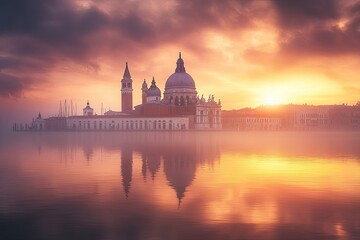 Naklejka premium Sunrise over Venice Church and Calm Waters