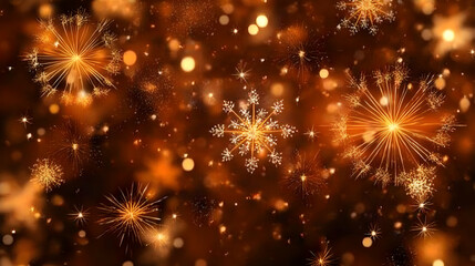 Fototapeta premium Golden Festive Fireworks and Snowflakes Explode Elegantly Against a Dark, Warm Background