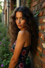 A woman with glowing skin and bright eyes stands before old walls and green vines