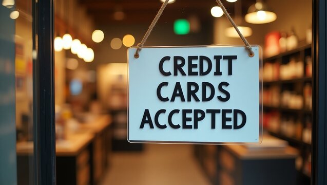 aesthetic sign with the word credit cards accepted on a market background