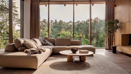 Minimalist living area with a low modular sofa in soft earth tones, a geometric coffee table 