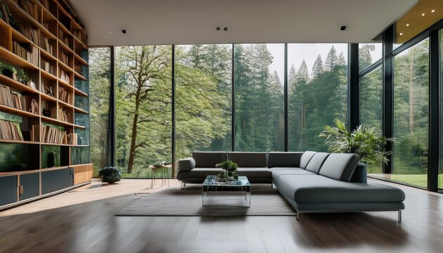 Minimalist living room featuring a neutral-tone sofa and a sleek black bookshelf; a large pa 