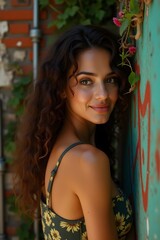 A confident woman with curly hair gazes softly over her shoulder, bathed in warm light.
