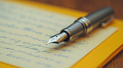 Fototapeta premium Elegant fountain pen resting on yellow notepad filled with handwritten notes in a cozy workspace