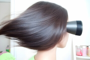 Fototapeta premium Woman Drying Long Brown Hair with a Hair Dryer in Bathroom, Hair Care Routine