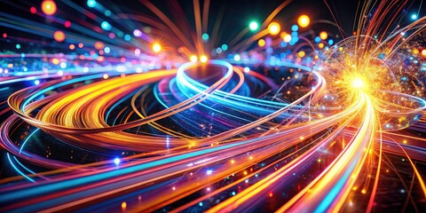 Obraz premium Dynamic light streaks illuminate a futuristic cityscape, captured in vibrant long-exposure photography.