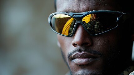 Soldier in tactical sunglasses stands guard in a military environment during daylight hours