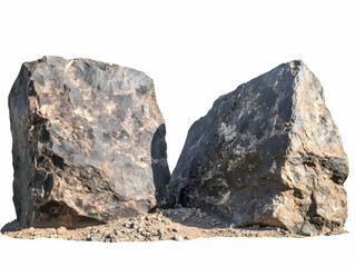 Two Large Dark Gray Rocks Stand on Sandy Ground, Isolated on a White Background