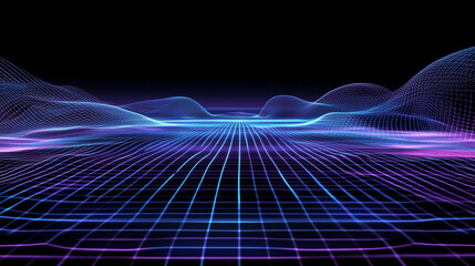 Digital soundwave visualization, glowing purple grid pattern, futuristic audio technology, abstract cyber background