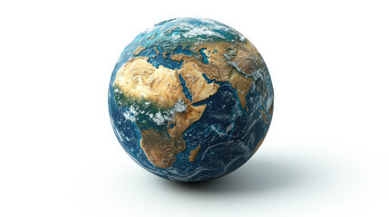 A detailed 3D rendering of planet Earth, showcasing continents, oceans, and cloud formations against a white background.