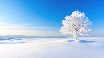 Obraz premium Frosty tree in snowy field, mountain backdrop, winter peace