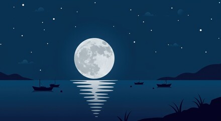 Naklejka premium Serene Night Seascape with Full Moon and Boats