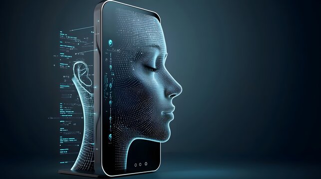 Futuristic smart mirror displaying a digital interface with holographic visualization of potential facial feature enhancements and cosmetic surgery procedure results