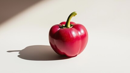Fresh red bell pepper sits on a pale surface casting a shadow in natural light