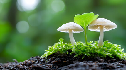 Two mushrooms sprout in forest moss, nature background, ecology poster